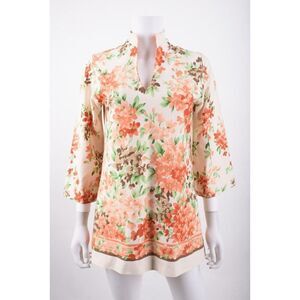 Vintage 70 Teddi Womens Tunic Top Mini Dress Sz 12 Multi-Color Floral 3/4 Sleeve